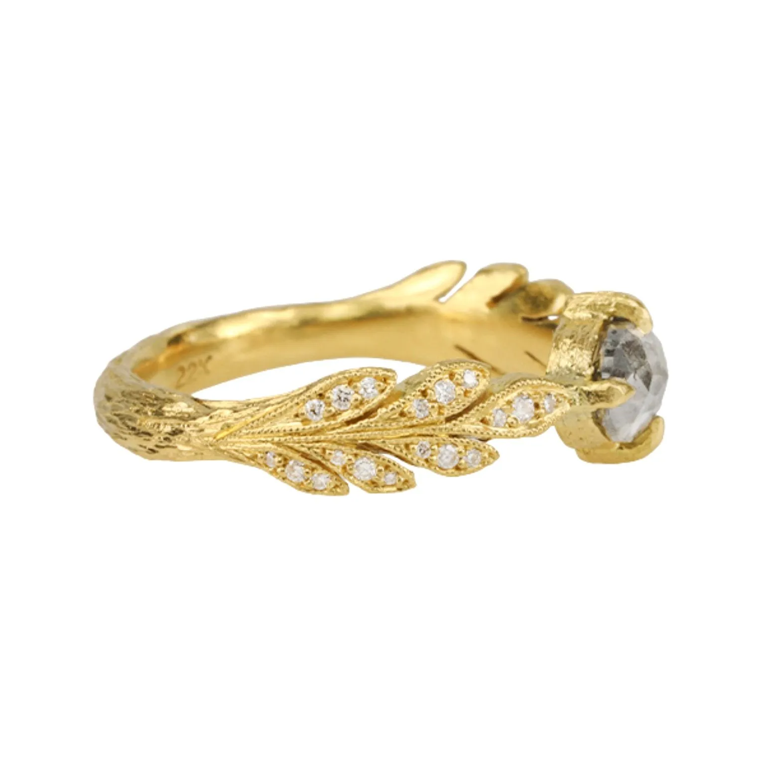 22K Gold Leafside Ring with Grey Rosecut Diamond Center