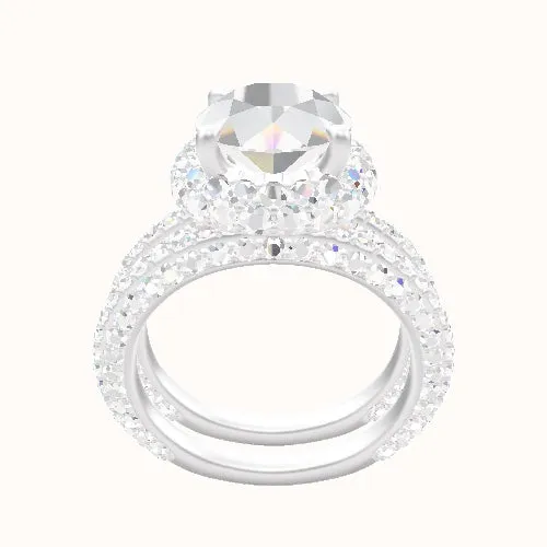 3/4 Three Row Pave Engagement Ring With Low Set Waterfall Halo Head and Matching Band