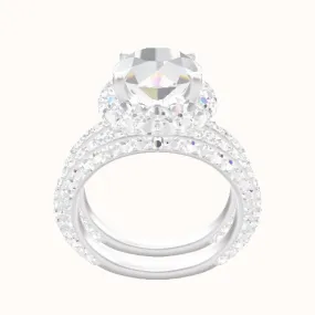 3/4 Three Row Pave Engagement Ring With Low Set Waterfall Halo Head and Matching Band