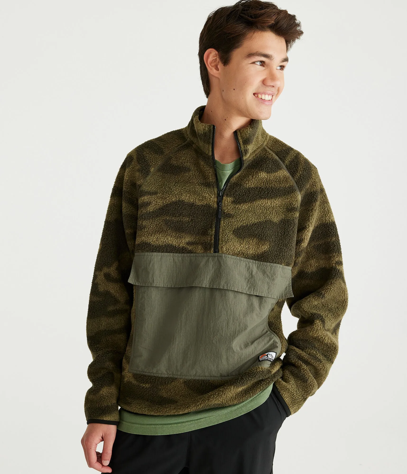 Aeropostale Mens' Camo Mixed Media Quarter-Zip Fleece Pullover - Green - Size L - Polyester - Teen Fashion & Clothing Basque Oli