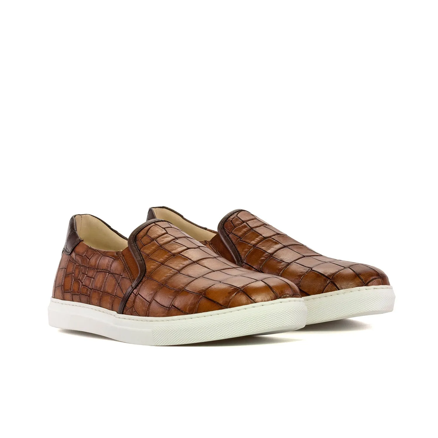 Ambrogio Bespoke Men's Shoes Brown Crocodile Print Leather Slip-On Sneakers (AMB2274)