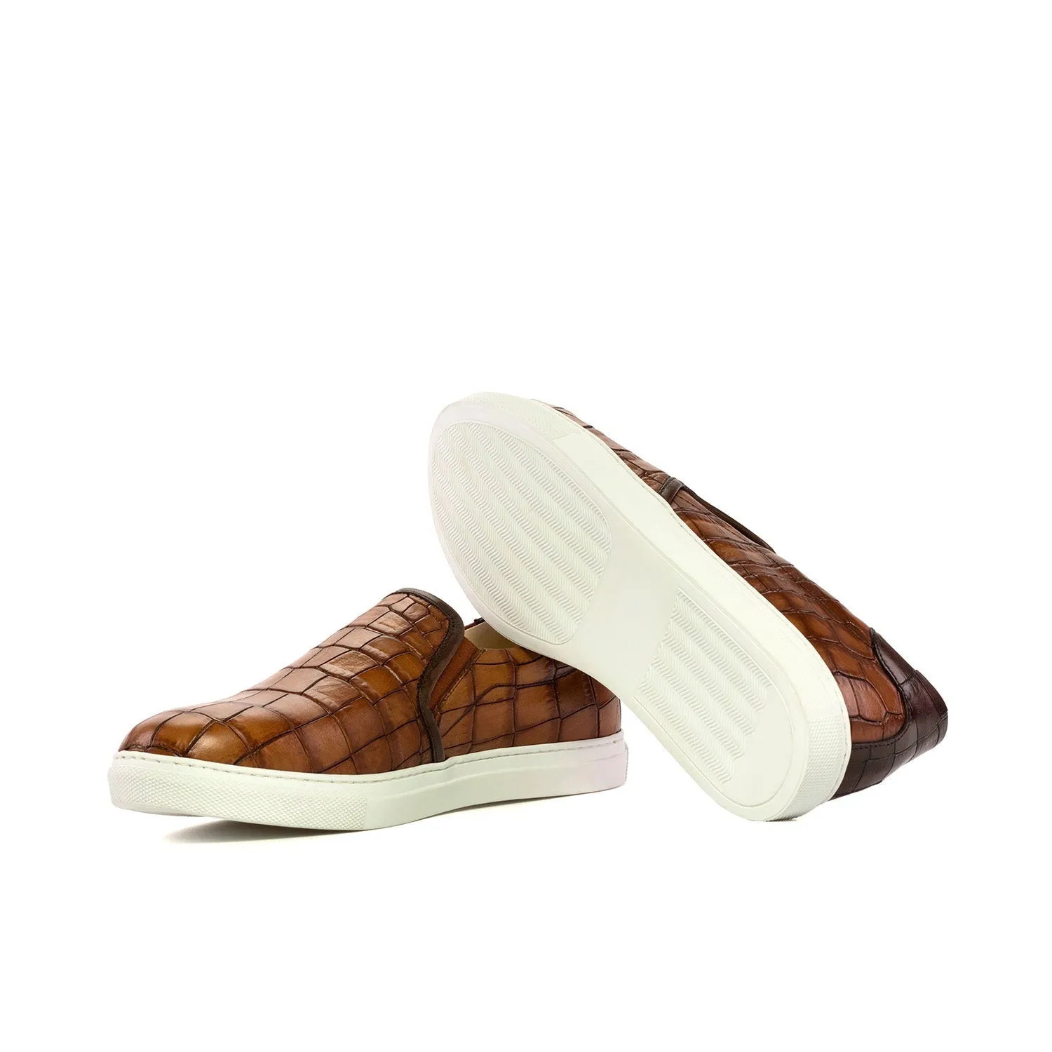 Ambrogio Bespoke Men's Shoes Brown Crocodile Print Leather Slip-On Sneakers (AMB2274)