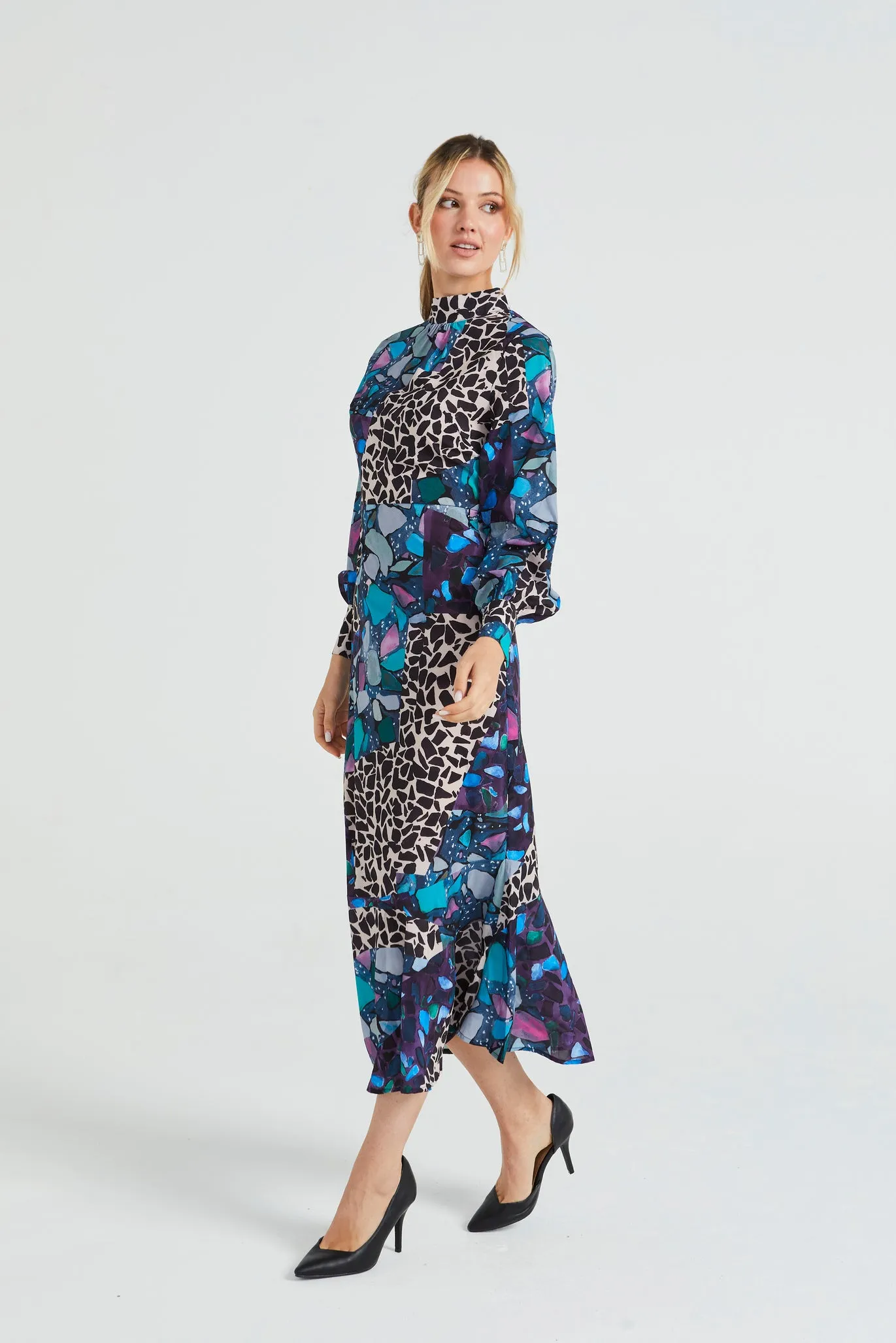 Angeleye Multi Print Long Chiffon High Neck Tea Dress