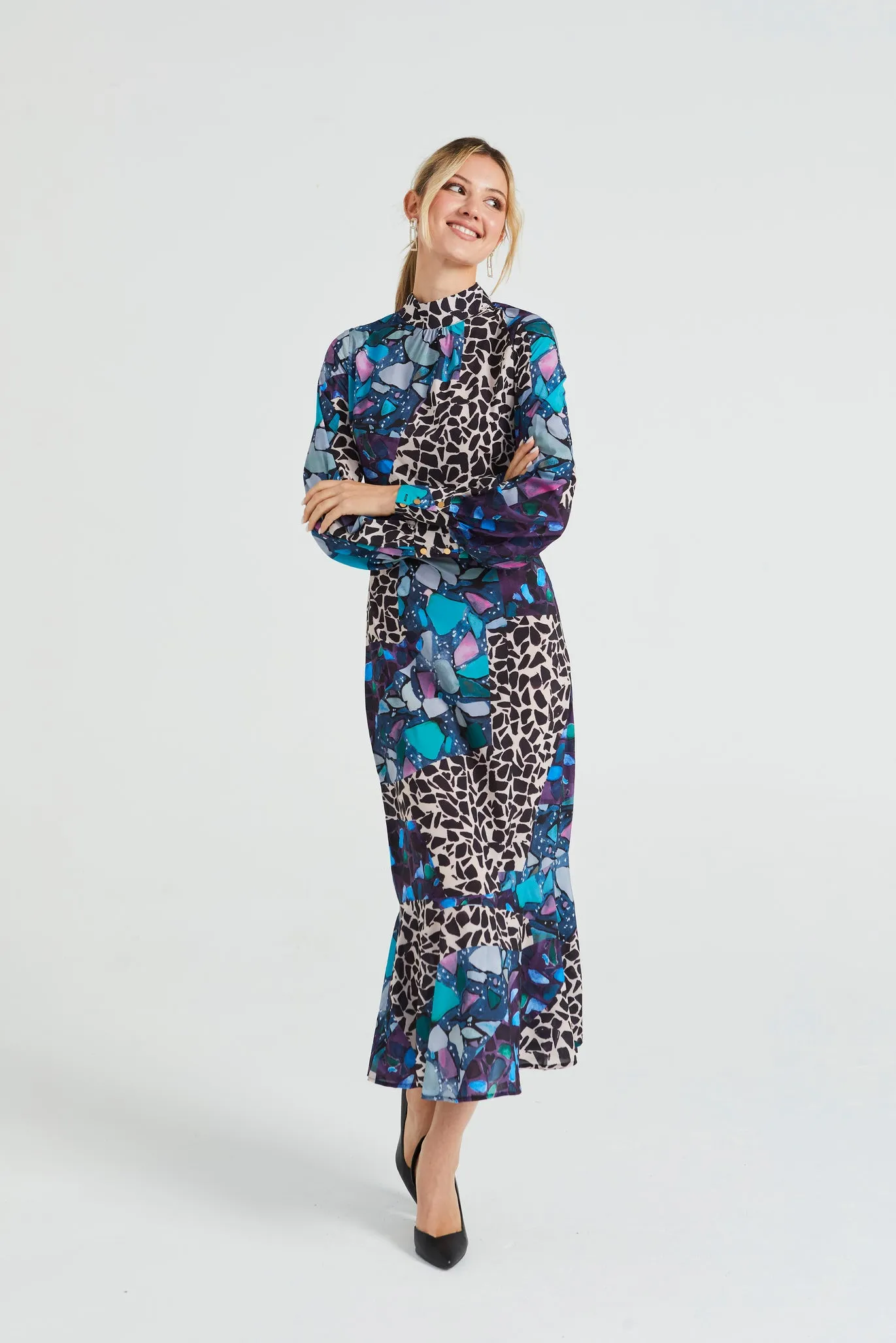 Angeleye Multi Print Long Chiffon High Neck Tea Dress