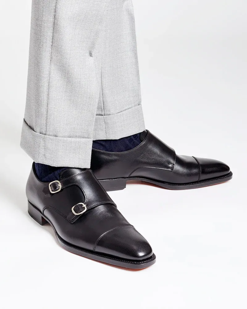 Black Double Monk Strap Dress Shoe with Rubber Half Soles