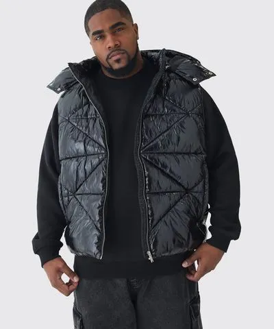 boohooMAN Mens Plus Quilted High Shine Vinyl Hooded Tank In Black