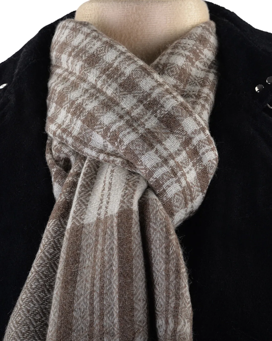 Cashmere Wool Scarf Brown Off-White Checks With Self Design