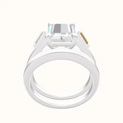 Cathedral Band with Baguette Sidestones Engagement Ring With Low Set Four Prong Head and Matching Band