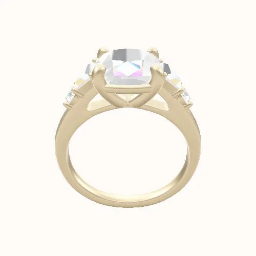 Cathedral Band with Trapezoid & Round Sidestones Engagement Ring With Low Set Four Prong Head