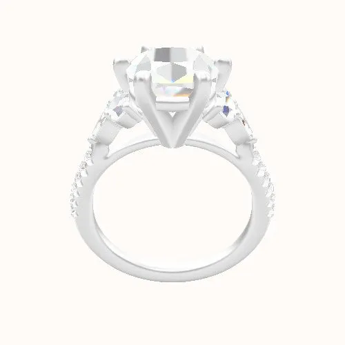 Cathedral Diamond Band with Marquise & Round Sidestone Trio Engagement Ring With High Set Six Prong Head