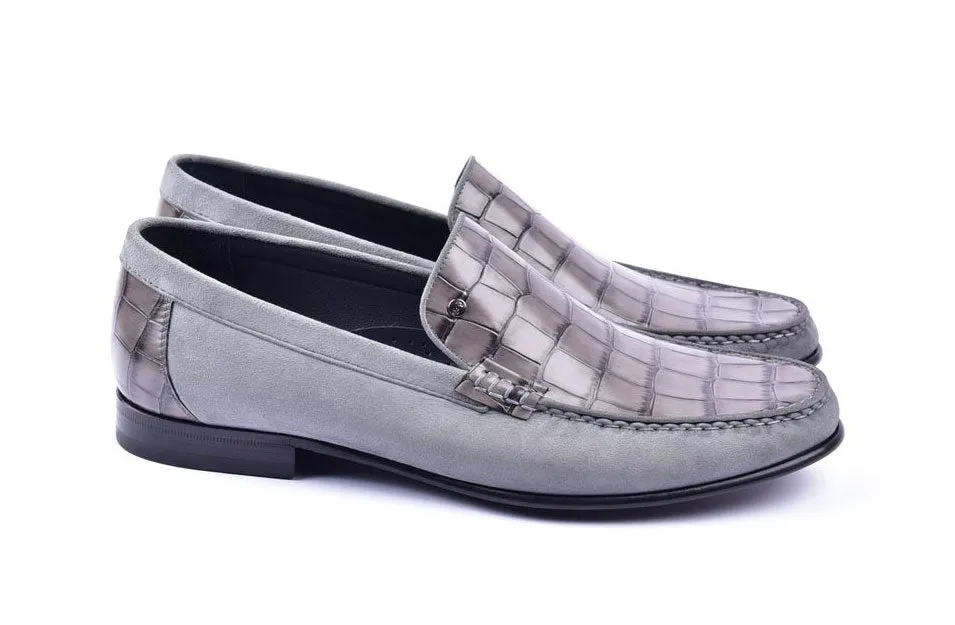 Corrente Crocodile Embossed Calfskin & Suede Loafer Grey