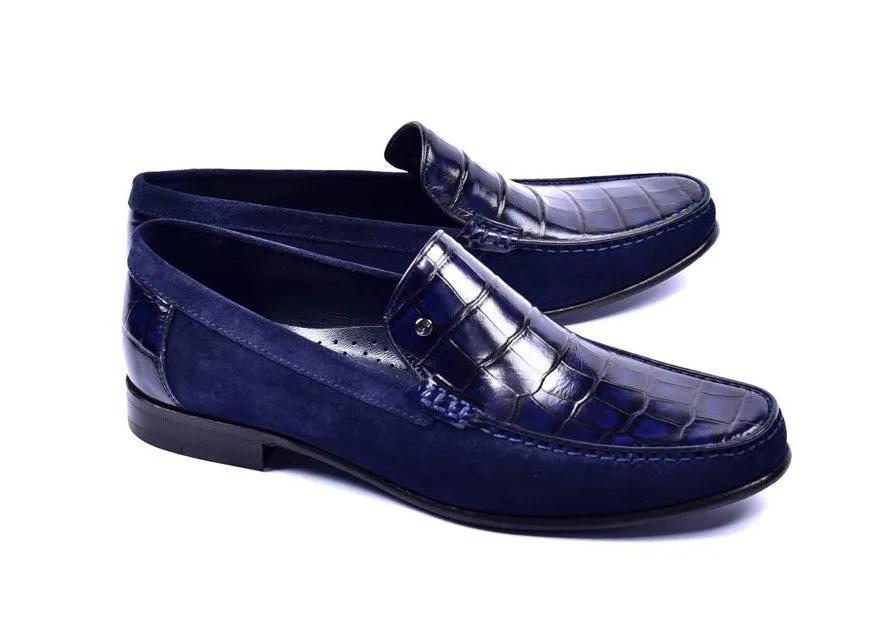 Corrente Crocodile Embossed Calfskin & Suede Loafer Navy