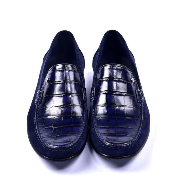 Corrente Crocodile Embossed Calfskin & Suede Loafer Navy