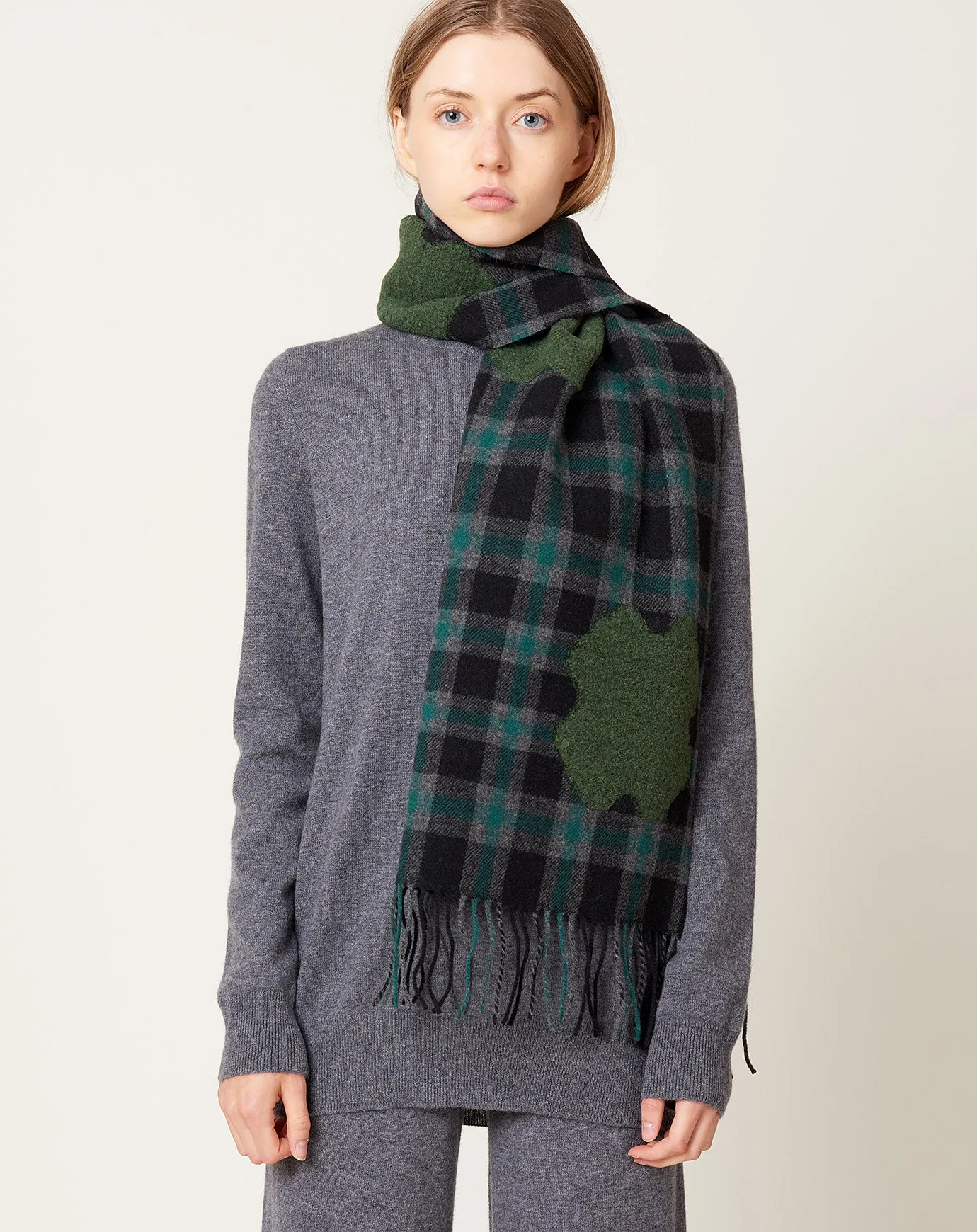 Cross Wool Scarf in Olive Grid