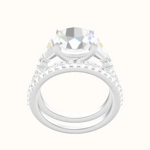 Diamond Band with Triple Tapered Baguettes & Round Sidestones Engagement Ring With Low Set Four Prong Head and Matching Band