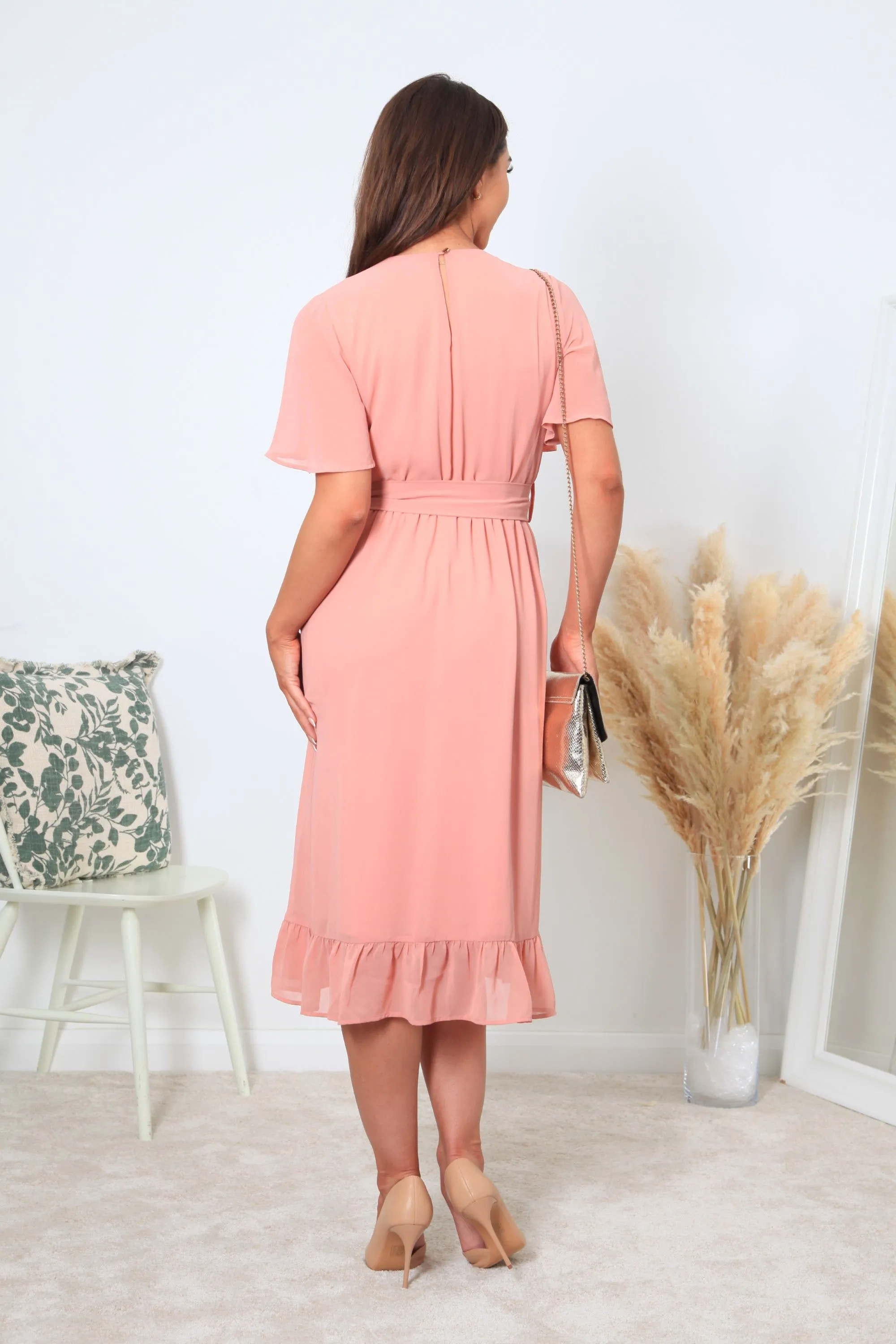 Double Second Pink Chiffon Wrap Dress With Tea Sleeve