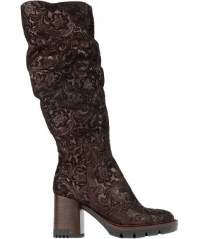 Embassy London Usa Brown Lurdes - Burgundy Floral Emboss - Womens Tall Boots