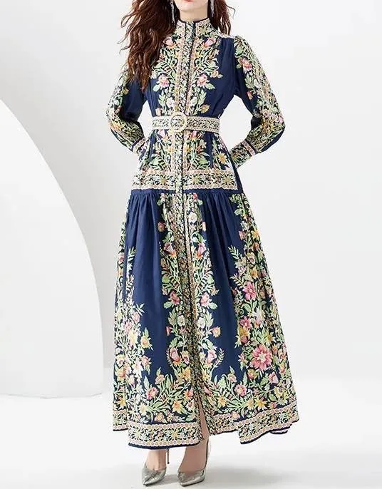 Flower Print Belted Chiffon Long Dress