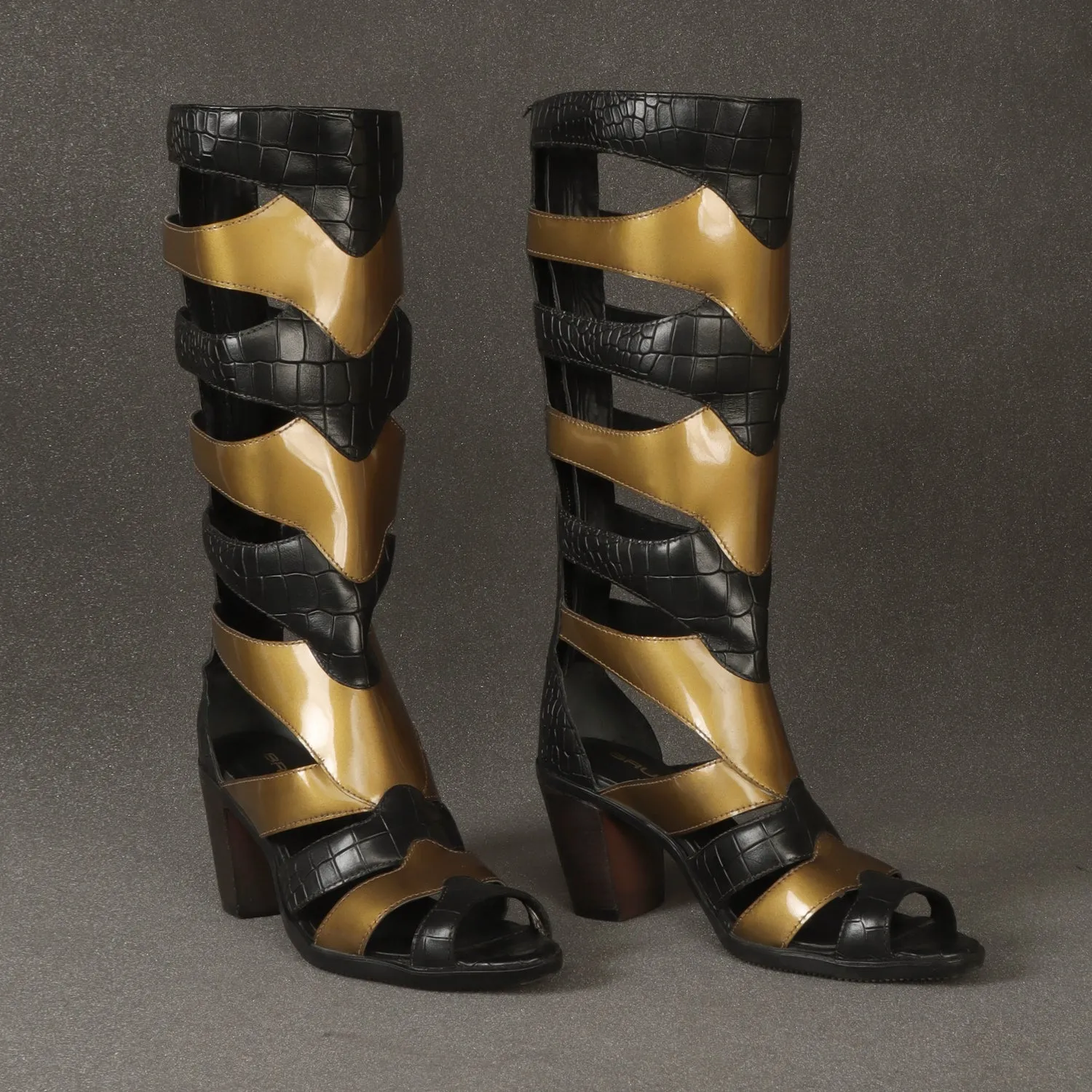 Gladiator Boot For Ladies In Black & Golden Deep Cut Patent Leather