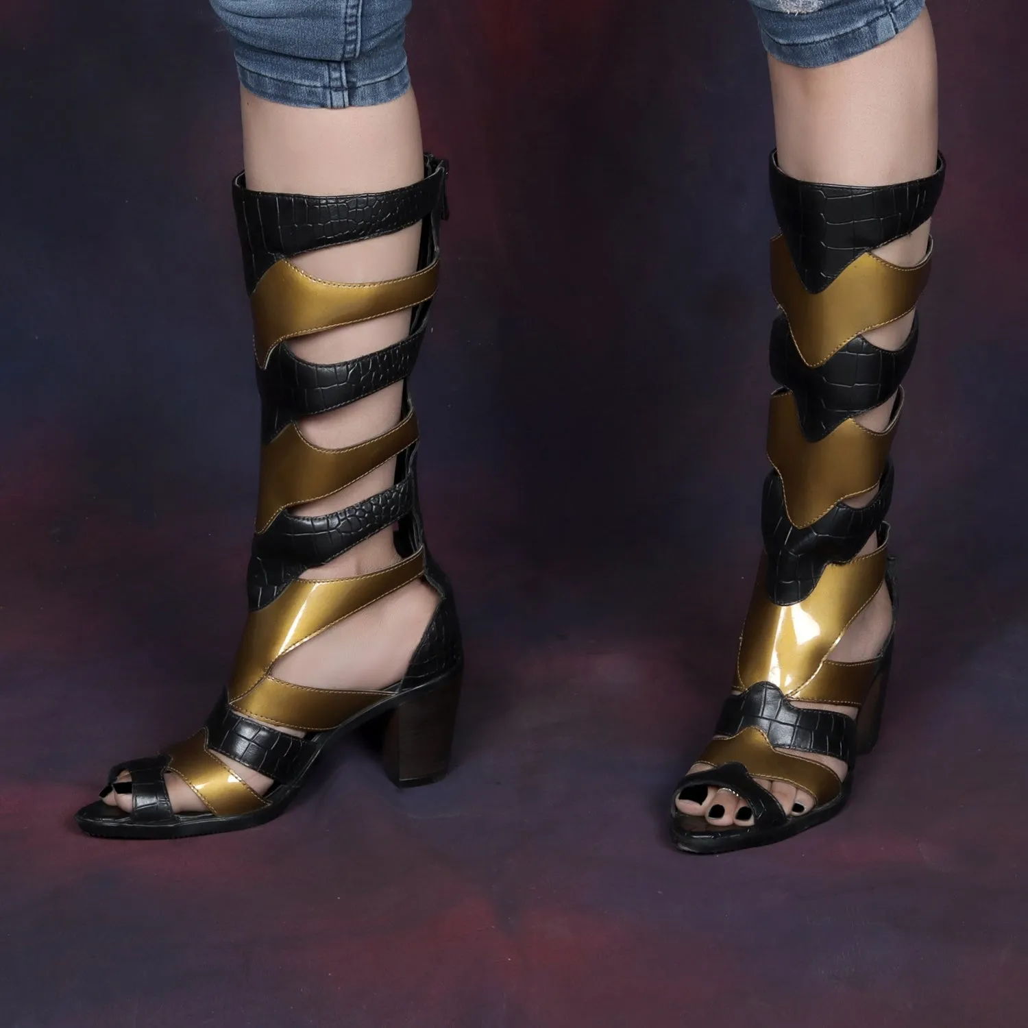 Gladiator Boot For Ladies In Black & Golden Deep Cut Patent Leather