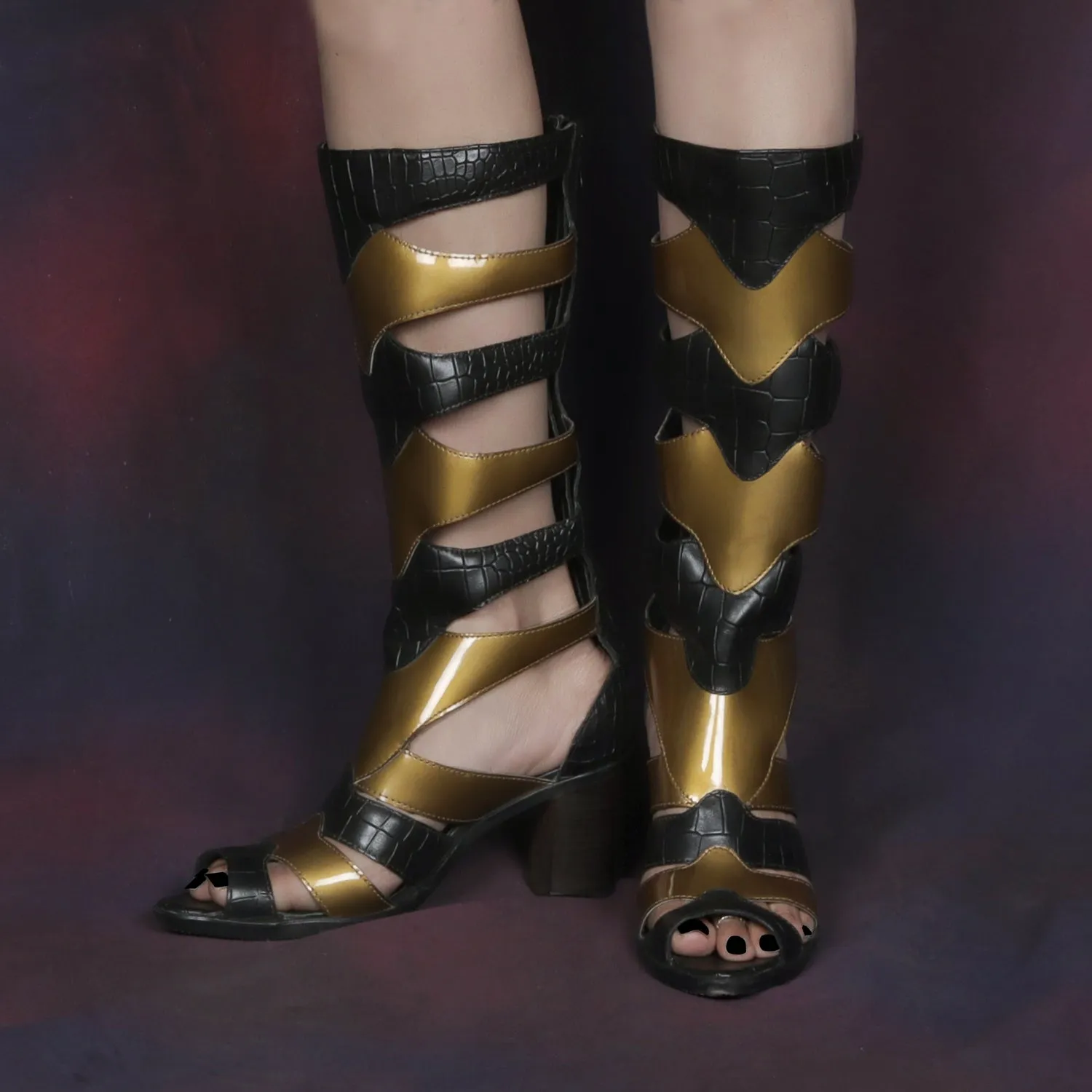 Gladiator Boot For Ladies In Black & Golden Deep Cut Patent Leather