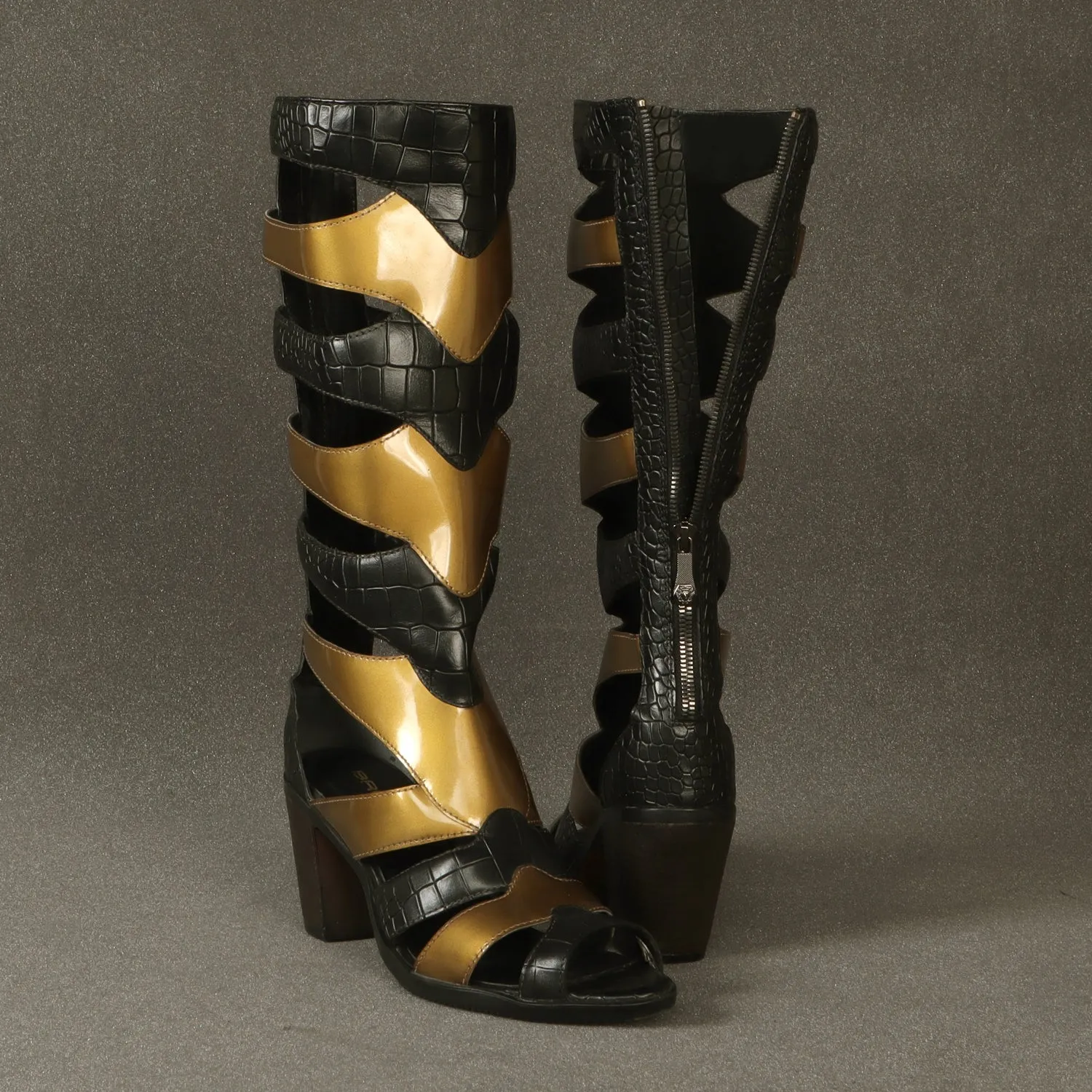 Gladiator Boot For Ladies In Black & Golden Deep Cut Patent Leather