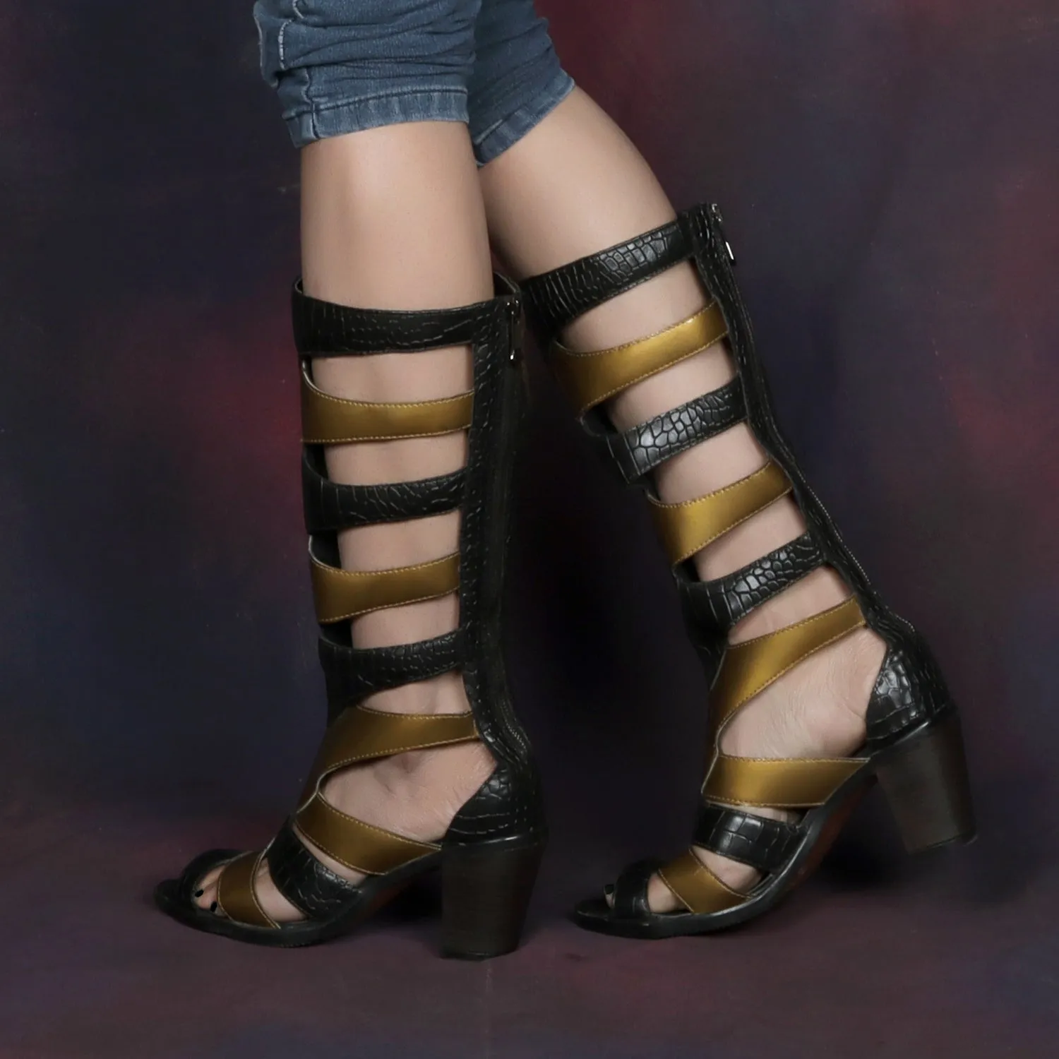 Gladiator Boot For Ladies In Black & Golden Deep Cut Patent Leather