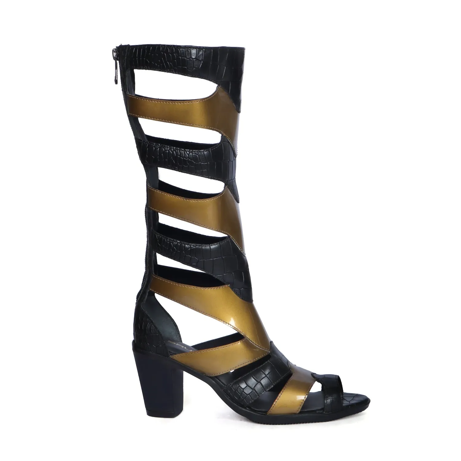 Gladiator Boot For Ladies In Black & Golden Deep Cut Patent Leather