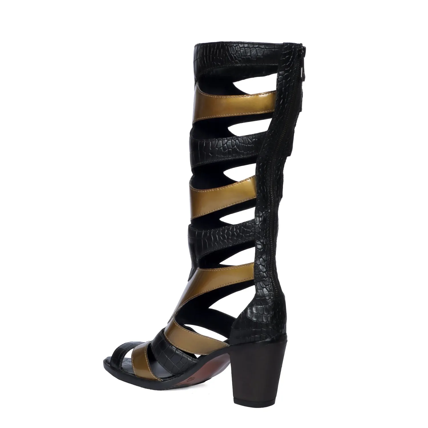 Gladiator Boot For Ladies In Black & Golden Deep Cut Patent Leather