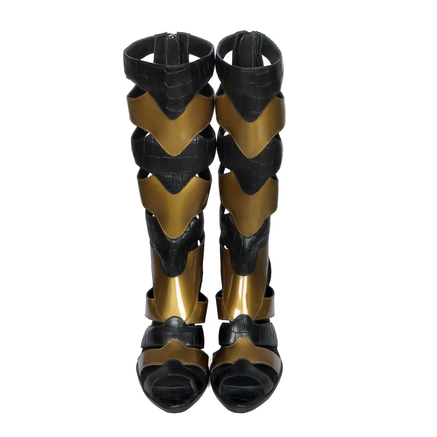 Gladiator Boot For Ladies In Black & Golden Deep Cut Patent Leather