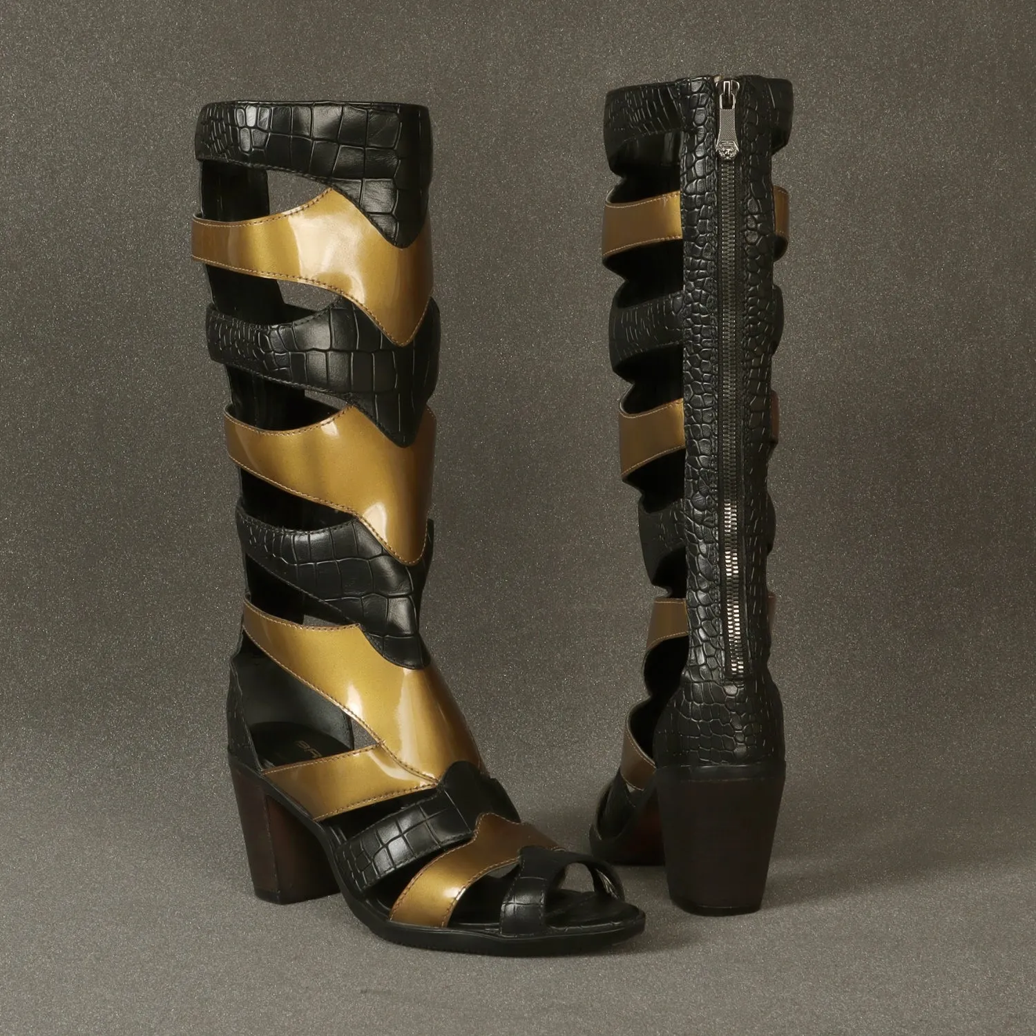 Gladiator Boot For Ladies In Black & Golden Deep Cut Patent Leather