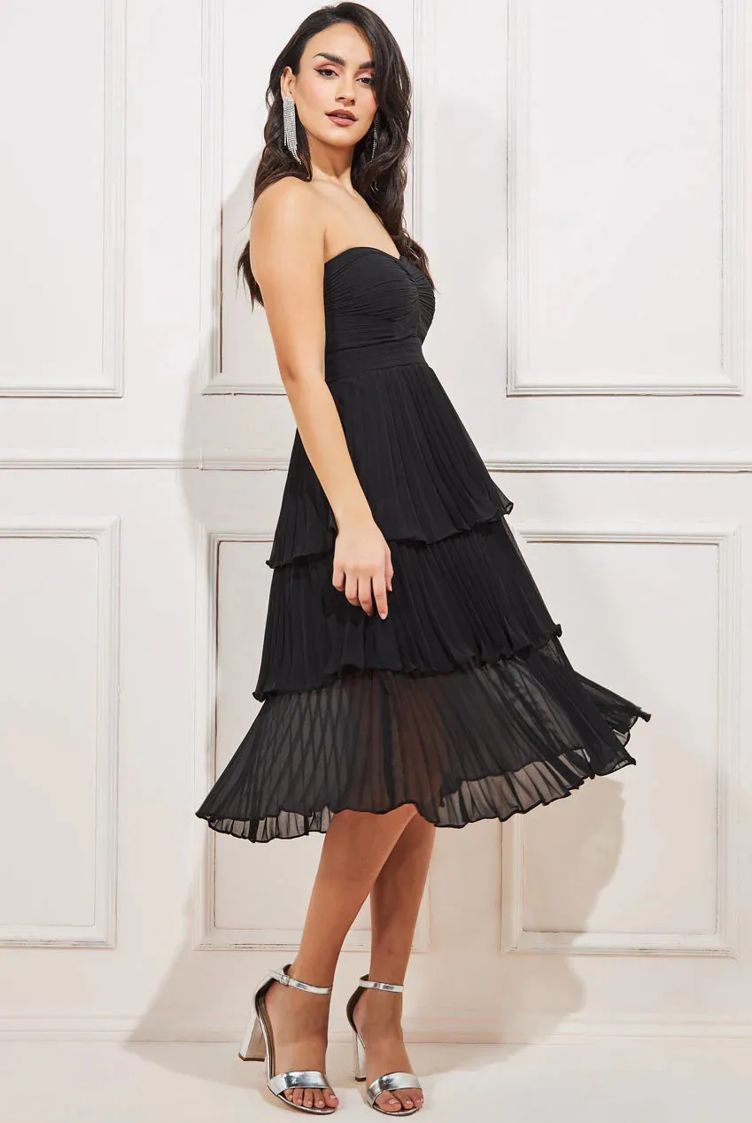 Goddiva Pleated Bandeau Bodice Chiffon Tiered Midi