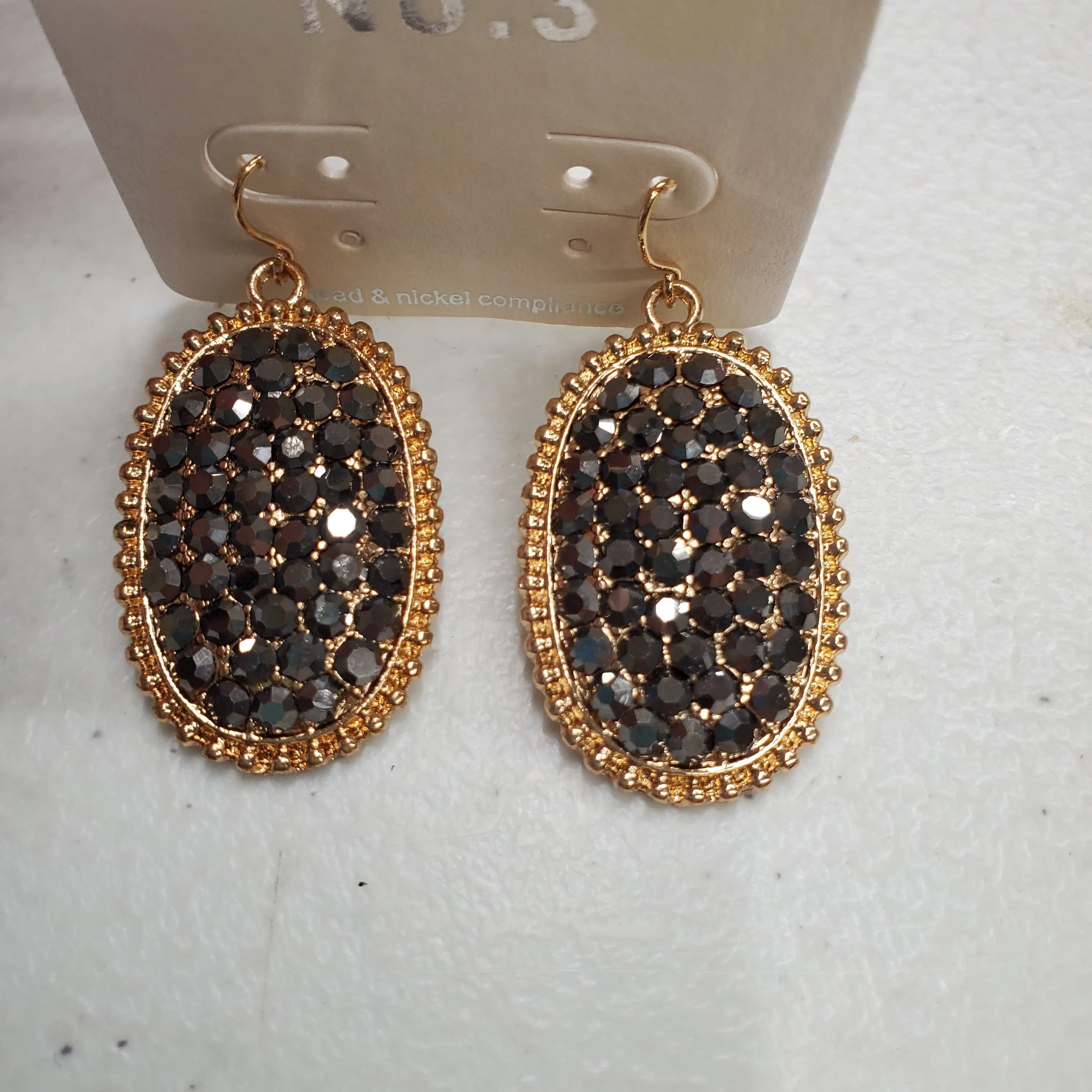 Grey Bling Oval Earrings with Gold Tone border