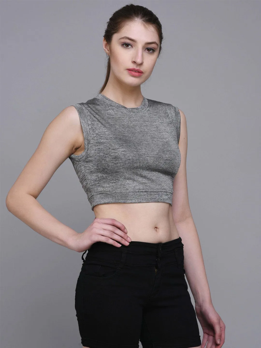 Grey Melange Sleeveless Crop Top