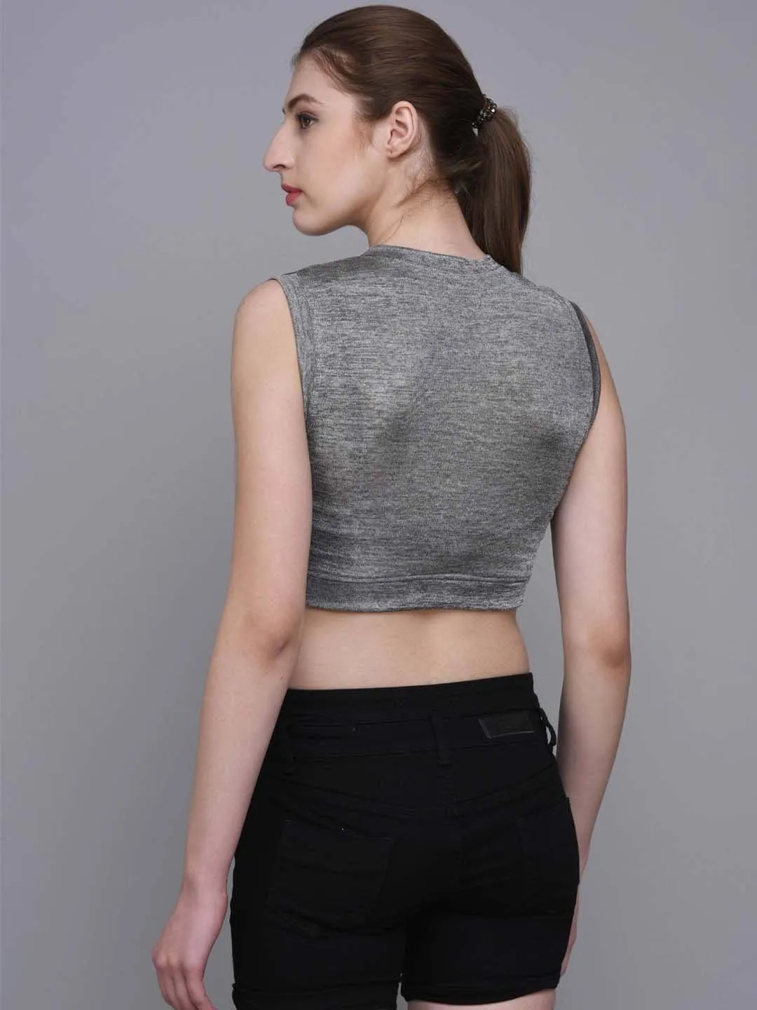 Grey Melange Sleeveless Crop Top