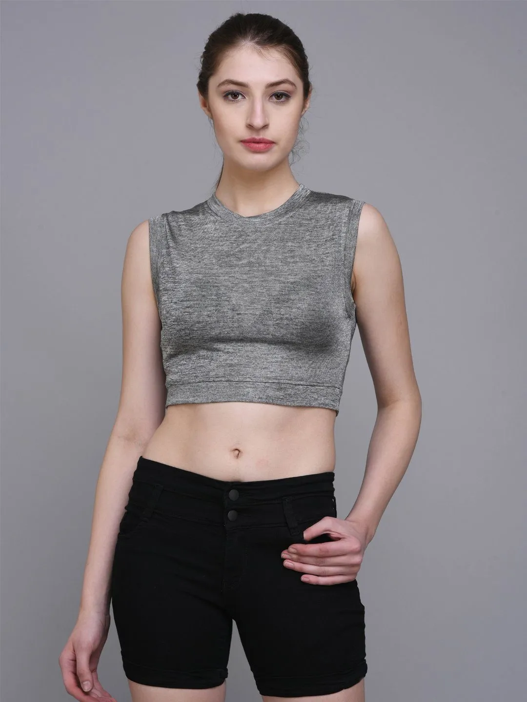 Grey Melange Sleeveless Crop Top