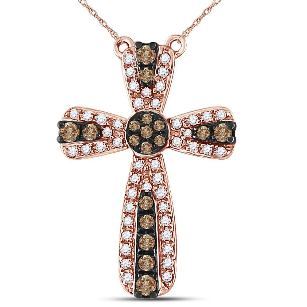 Keene Jewelers 14kt Rose Gold Womens Round Brown Diamond Cross Necklace 1/3 Cttw