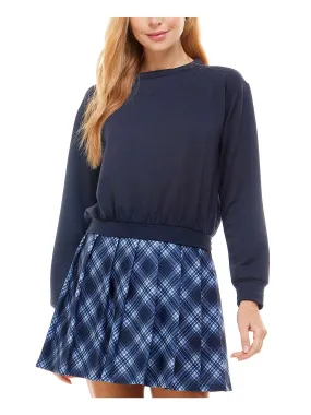 KINGSTON GREY Womens Navy Ruffled Long Sleeve Round Neck Short Fit + Flare Dress