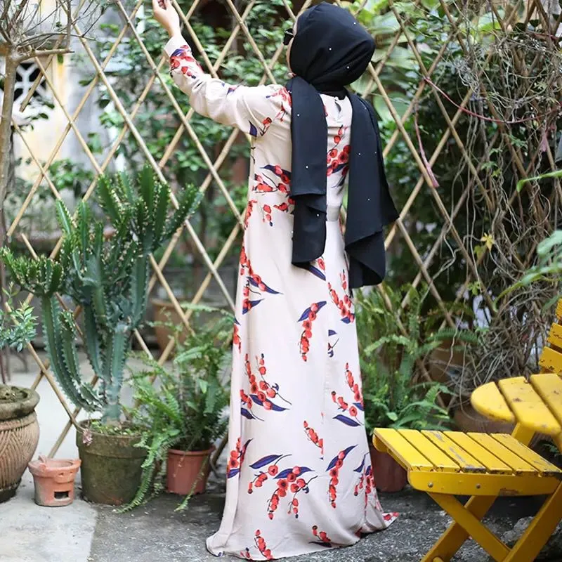 Ladies Cherry Floral Printing Fashion Long Sleeve Chiffon Muslim Maxi Dress Islamic Arab Saudi Abaya Dress for Women S4672149