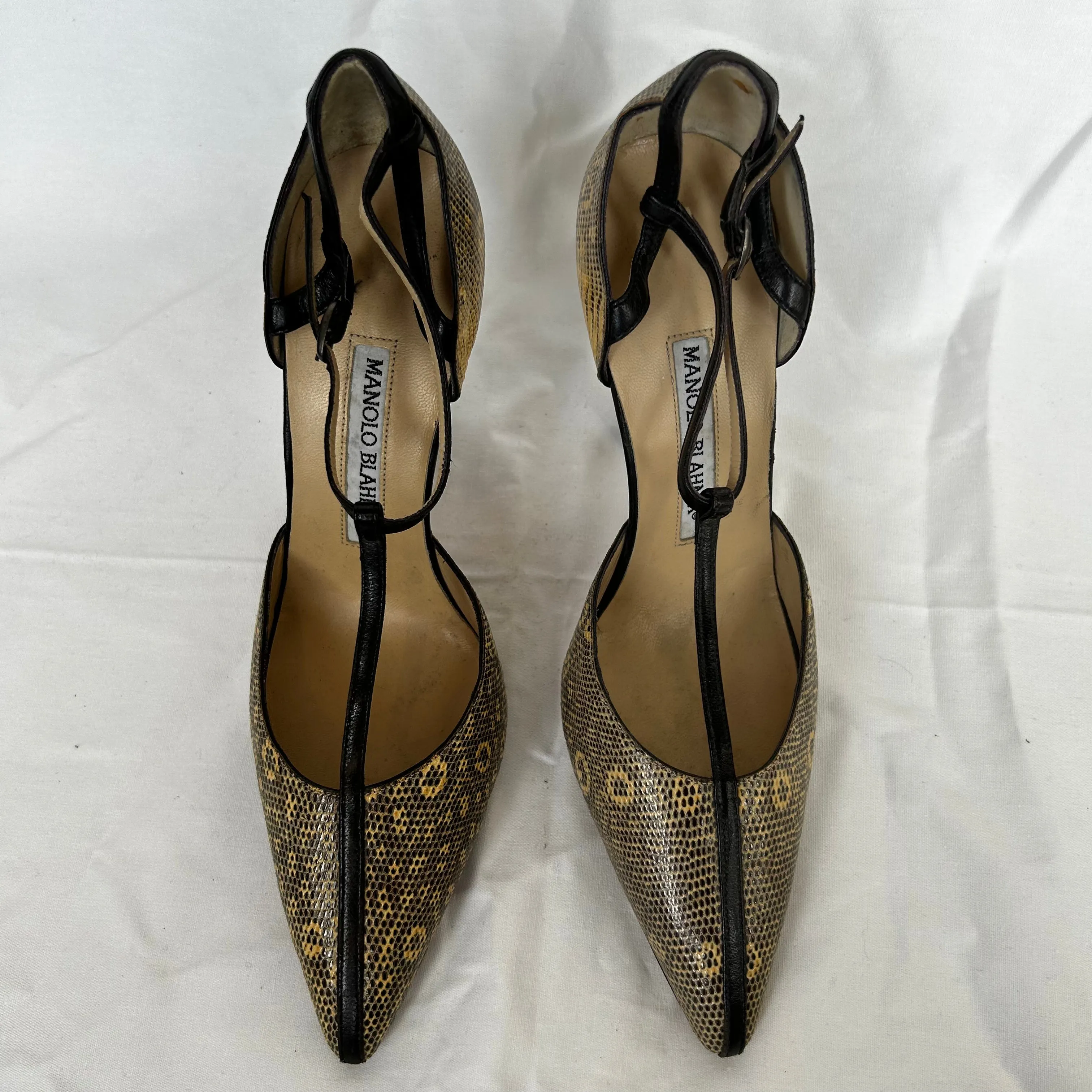 Manolo Blahnik Black & Cream Lizardskin T-Bar Heels 37.5