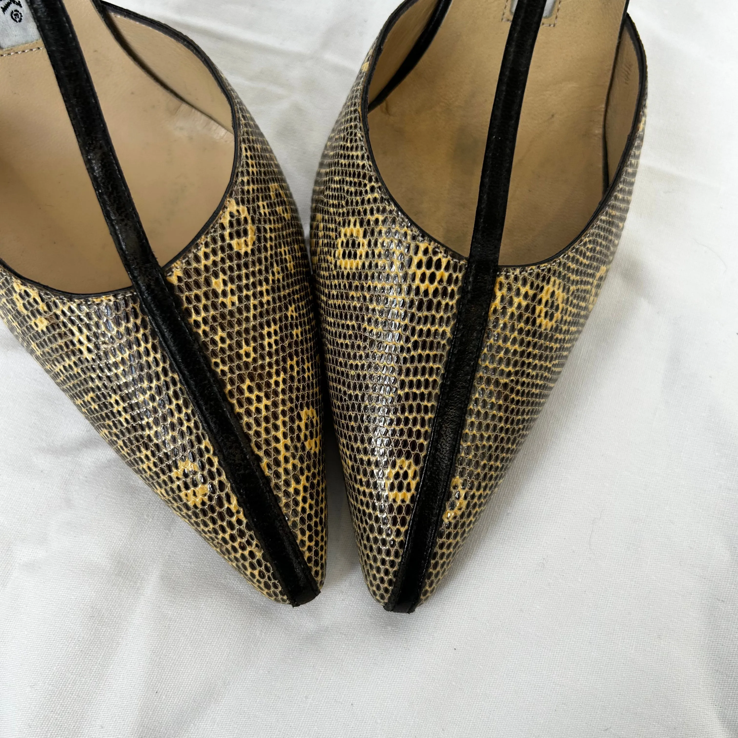 Manolo Blahnik Black & Cream Lizardskin T-Bar Heels 37.5