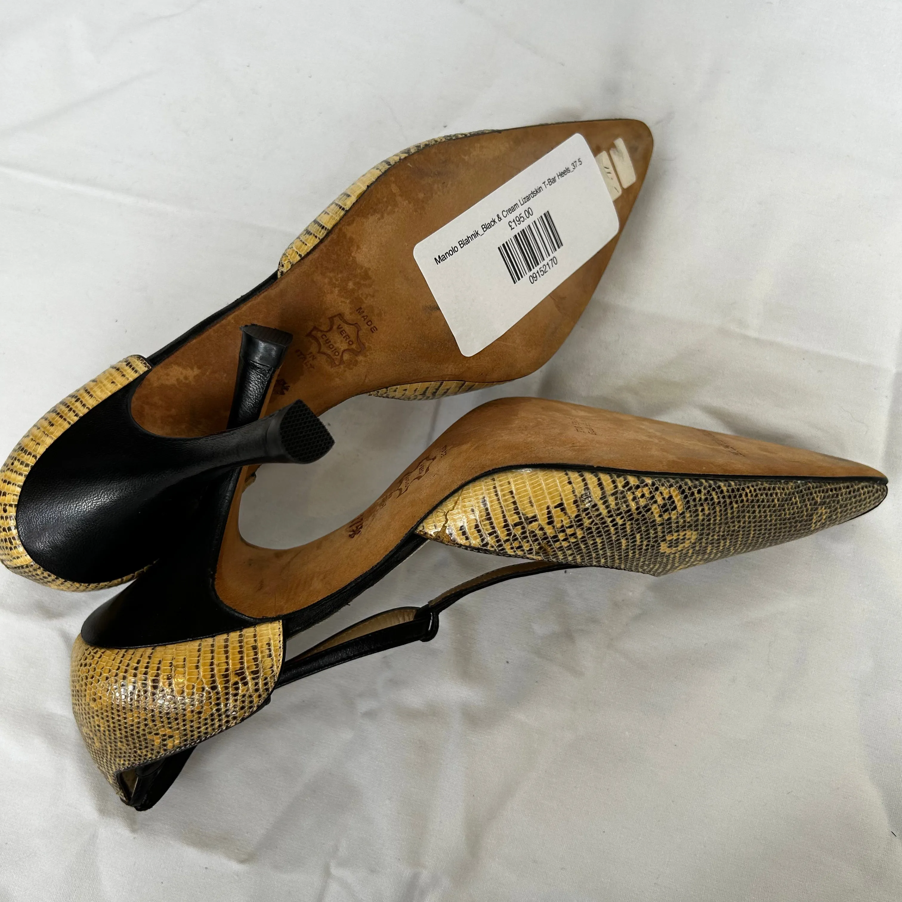 Manolo Blahnik Black & Cream Lizardskin T-Bar Heels 37.5