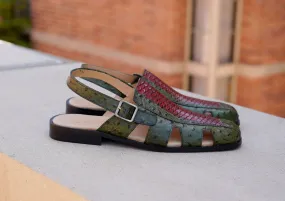 Maurice Embossed Calfskin Slip-On Back-Strap Sandal Green/Red