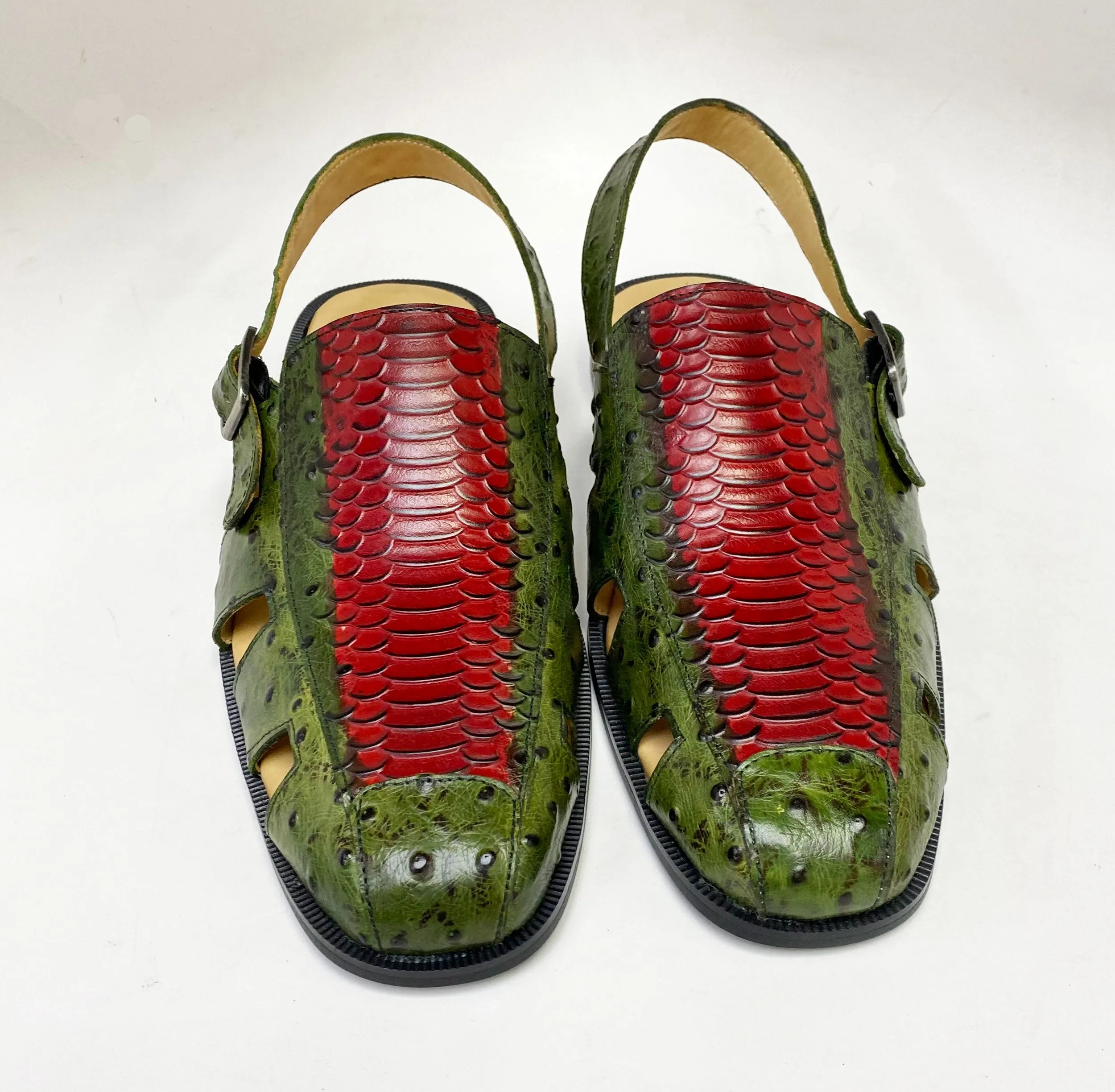 Maurice Embossed Calfskin Slip-On Back-Strap Sandal Green/Red