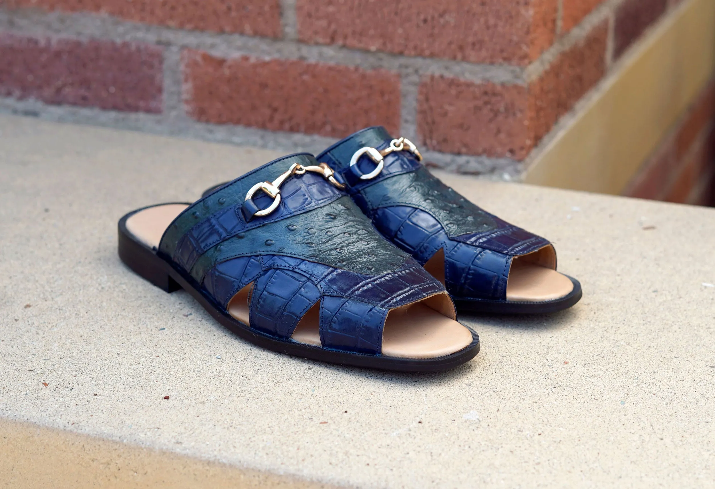 Maurice Embossed Calfskin Slip-On Sandal Navy/Green