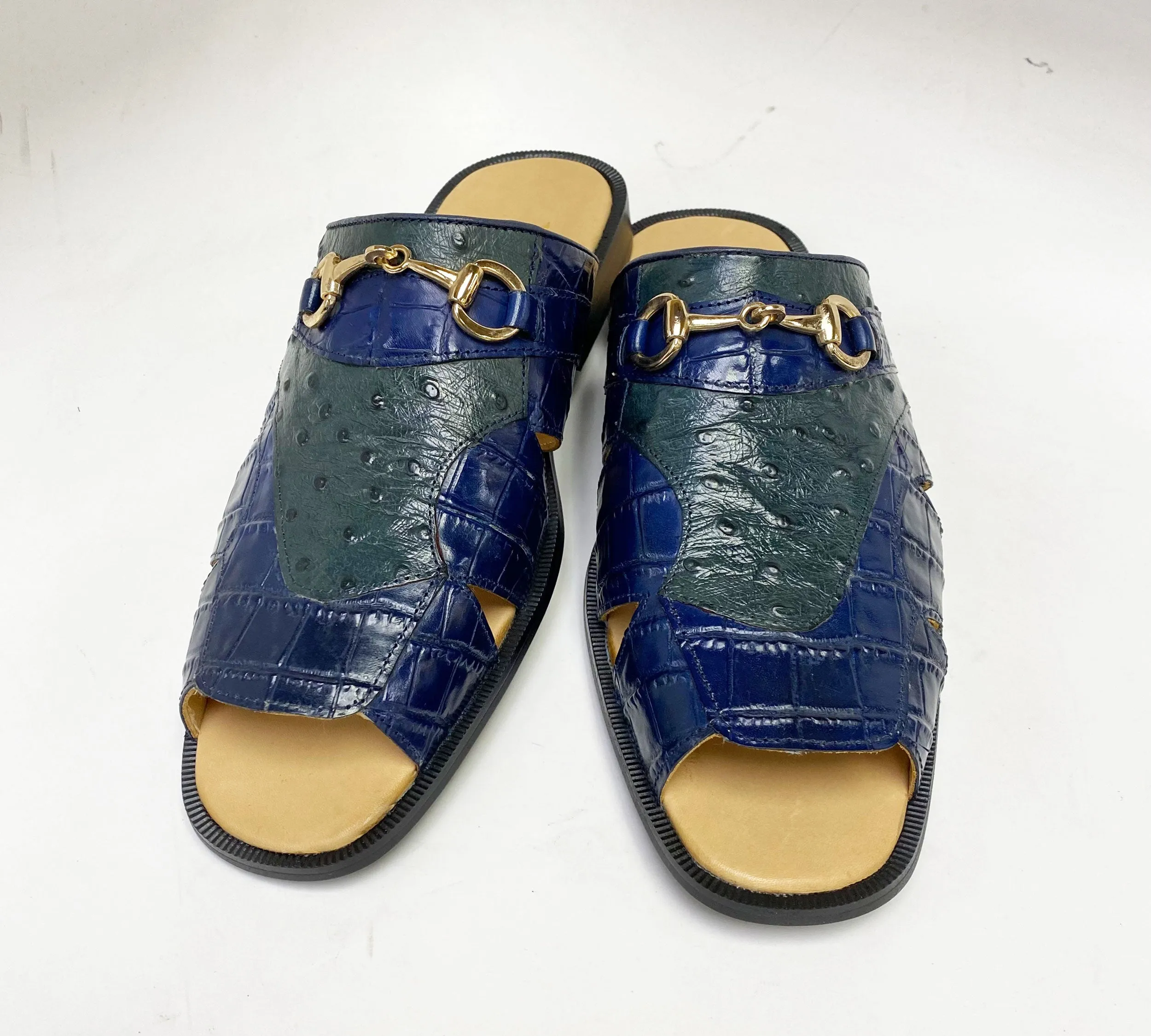 Maurice Embossed Calfskin Slip-On Sandal Navy/Green