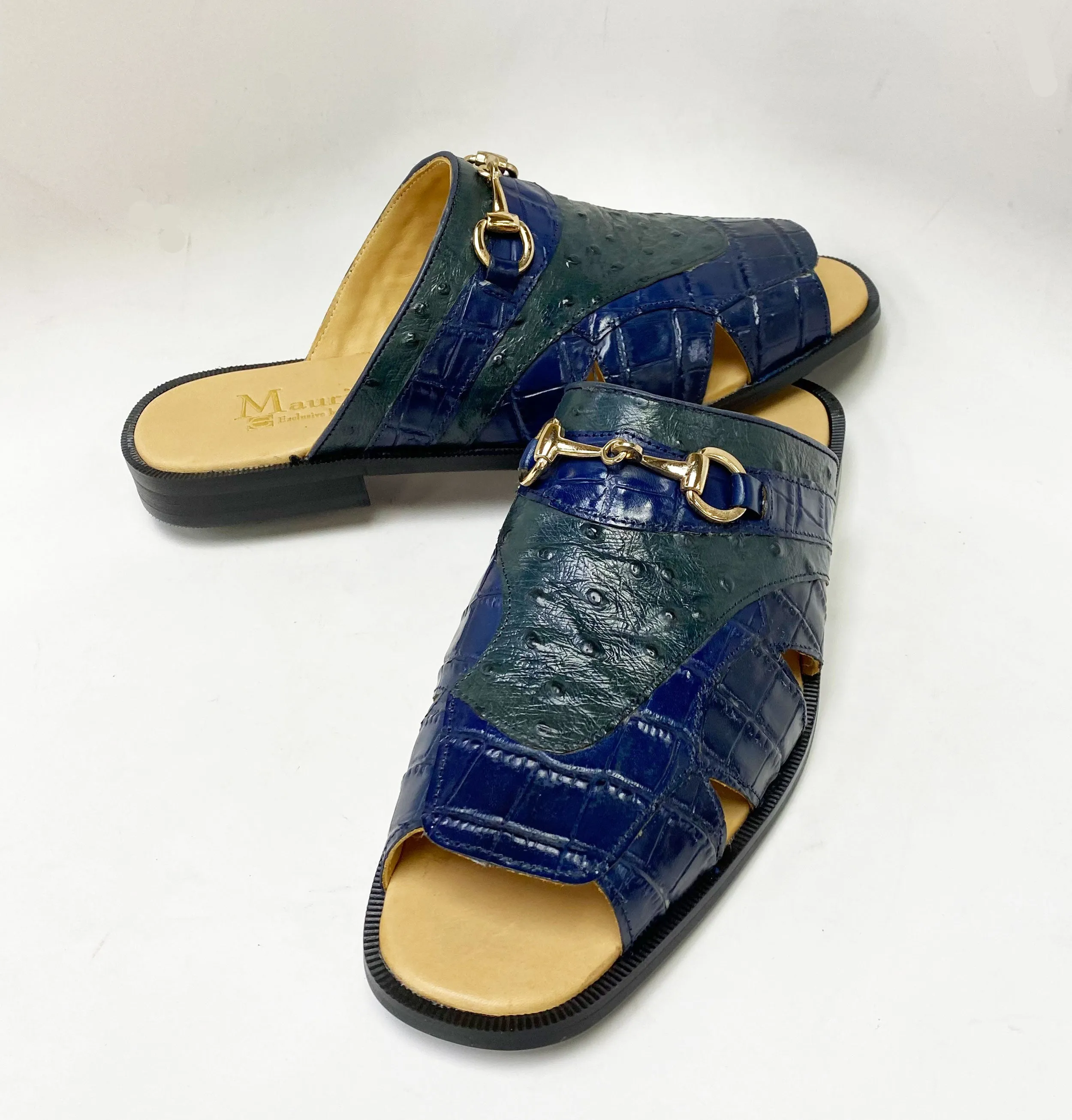 Maurice Embossed Calfskin Slip-On Sandal Navy/Green