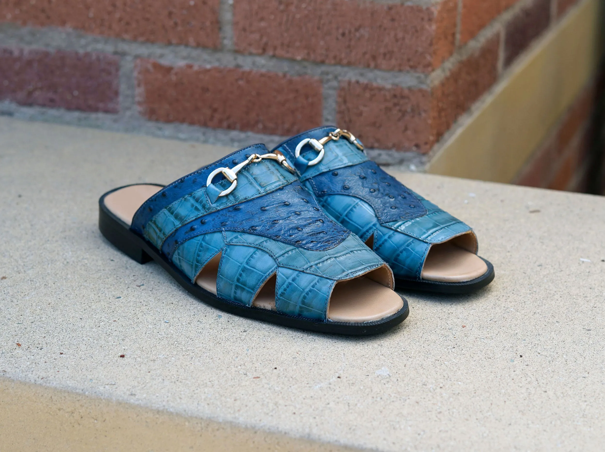 Maurice Embossed Calfskin Slip-On Sandal Sky/Blue