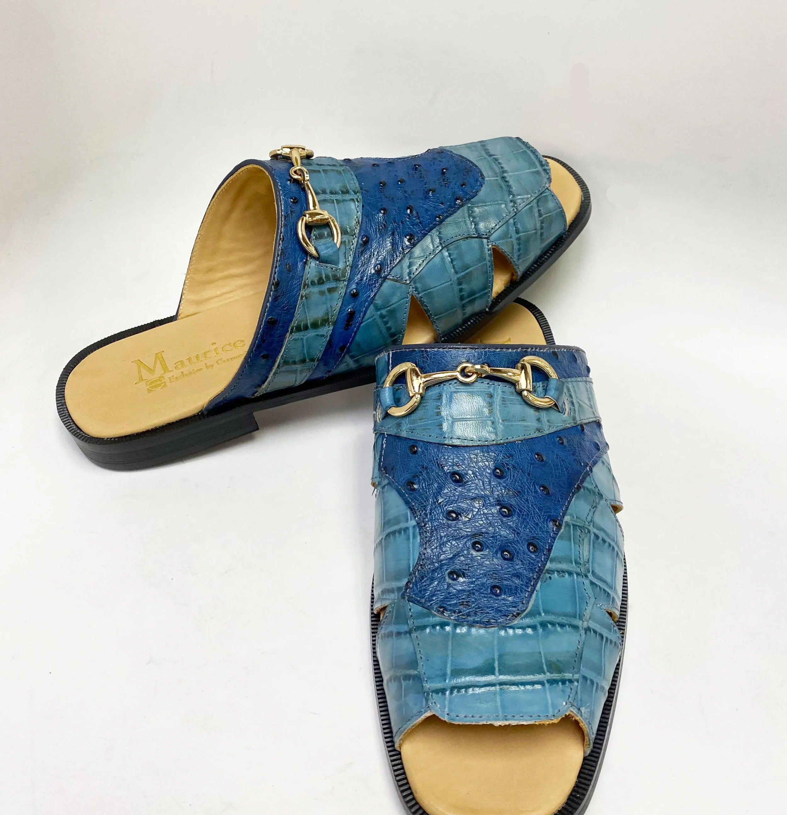 Maurice Embossed Calfskin Slip-On Sandal Sky/Blue