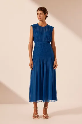 Maya Ruched Sleeveless Midi Dress - Strong Blue